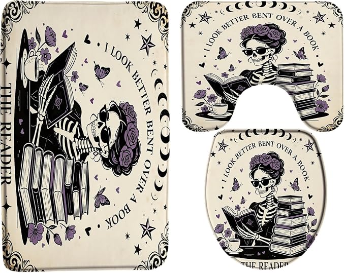 Gothic Halloween 3 Piece Bath Rug Sets Skeleton Reader I Look Better Bent Over A Book Vintage Book Lover 3 Piece Bath Rug Sets,17.8"x29.5"Bath Mat,Toilet Seat Cover, U-Shaped Toilet - skull toilet mat