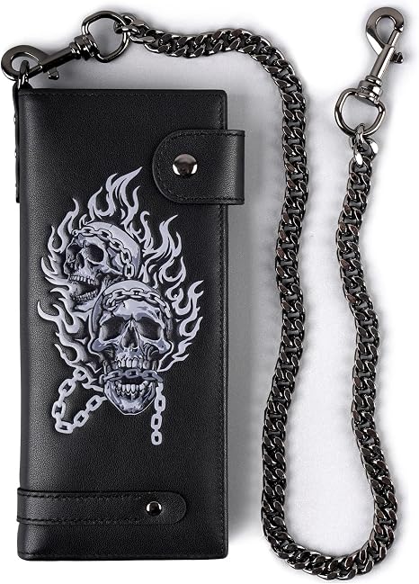 Mens Leather Wallet With Chain Skull Biker long Wallets For Men,Extra-Large Capacity,RFID Blocking,Gift For Him Husband (black) - skull wallet