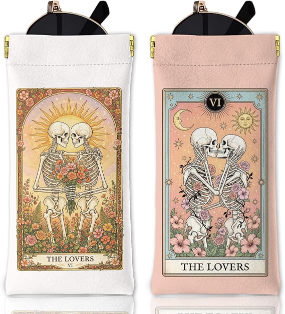 GLOBLELAND 2 Pcs Tarot Cards Soft Glasses Case Magic Squeeze Top Eyeglass Case Portable Sunglasses Pouch for Women Men - skull jacket