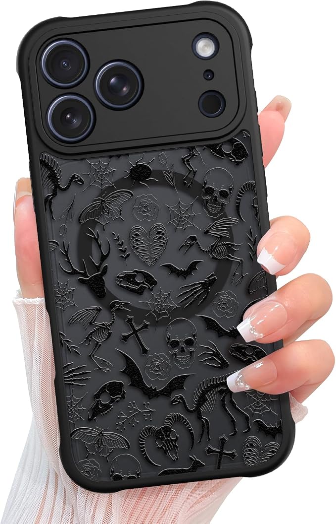 KANGHAR Magnetic Designed for iPhone 17 Pro Max Case, Black Goth Skull - Skull phone case