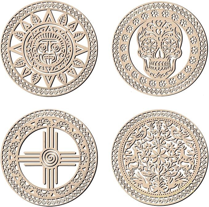 Forthenail Mexican Boho Wall Art Set of 4 – Aztec Sun, Sugar Skull, Tribal Cross, Floral - skull wall art