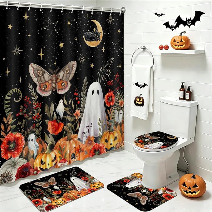4Pcs Halloween Shower Curtain Set Black Gothic Ghost Bathroom Decor Set with Non-Slip Washable Bath Rugs Toilet Lid Cover Black Cat Halloween Bathroom Decor Set - skull toilet paper