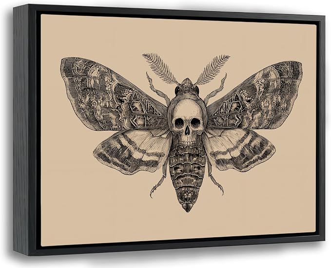 Framed Death Moth Canvas Wall Art, Vintage Skull Moth Painting Picture Wall Decor, Gothic Insect Poster Print Artwork for Bedroom Office Home Decoration 8x10in