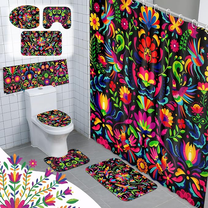 8 Pcs Mexico Floral Shower Curtain Set for Bathroom Decor Include Mexican Folk Art Floral Bird Shower Curtain Towels Non Slip Rugs Toilet Lid Cover Colorful Bohemian Bath Mat and 12 Hooks