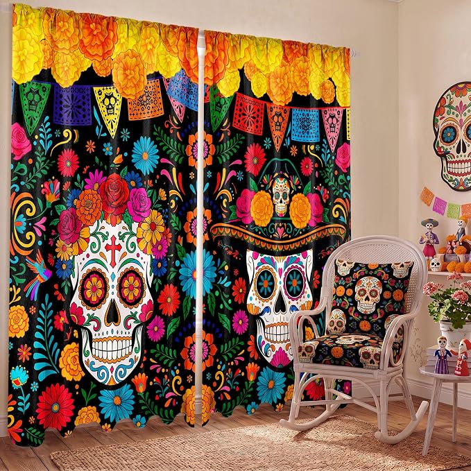 SmoothNovelty 2 Pcs Day of The Dead Curtains for Living Room Sugar Skull - skull carpet