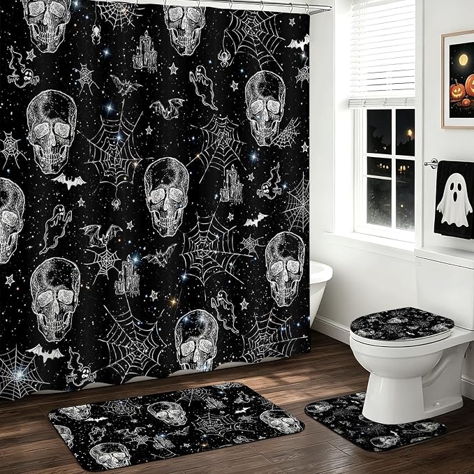 4pcs Halloween Shower Curtain Set Black Skull Halloween Bathroom Decor Set