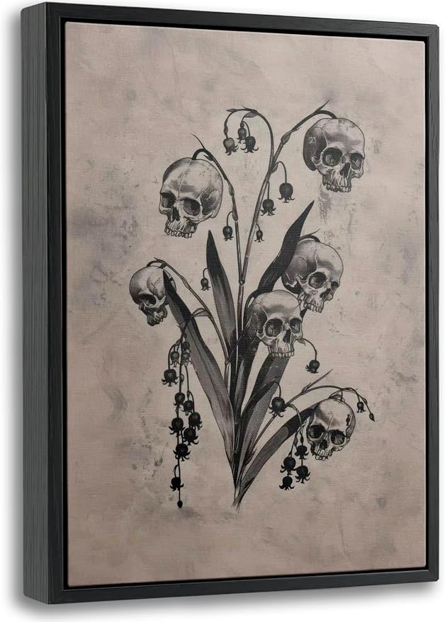 Framed Skull Lily of the Valley Canvas Wall Art, Vintage Floral Skull Painting Picture Wall Decor, Gothic Botanical Poster Print Artwork for Bedroom Office Home Decoration 8x10in - skull wall art