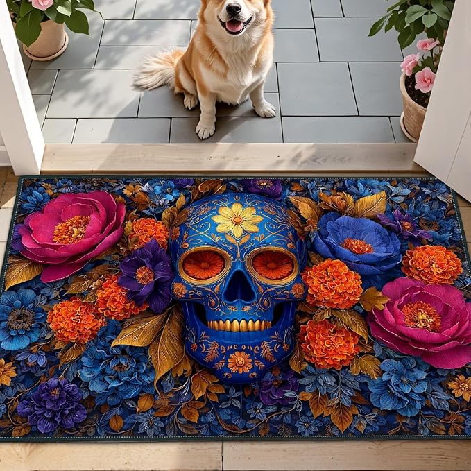 Floral Sugar Skull 2x3 Entryway Rug, Day of the Dead Mexican Small Accent Rug, Washable Low-Pile Welcome Mat for Front Door, Gothic Blue Skull Area Rug for Bedroom, Office, Halloween Home Decor - skull carpet