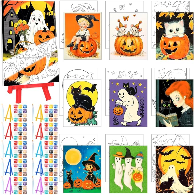 Blosssound 10 Set Halloween Pre Printed Canvas for Painting 5×7, Vintage