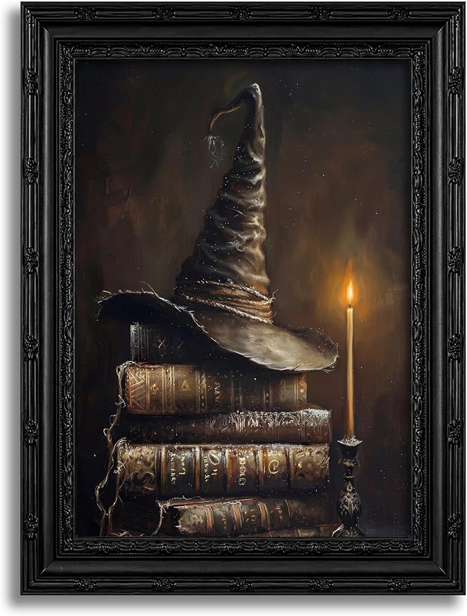 Framed Halloween Witch Hat Canvas Wall Art, Spooky Wizard Painting Picture Wall Decor, Vintage Magic Book Poster Print Artwork for Bedroom Home Decoration 9x11in - skull painting