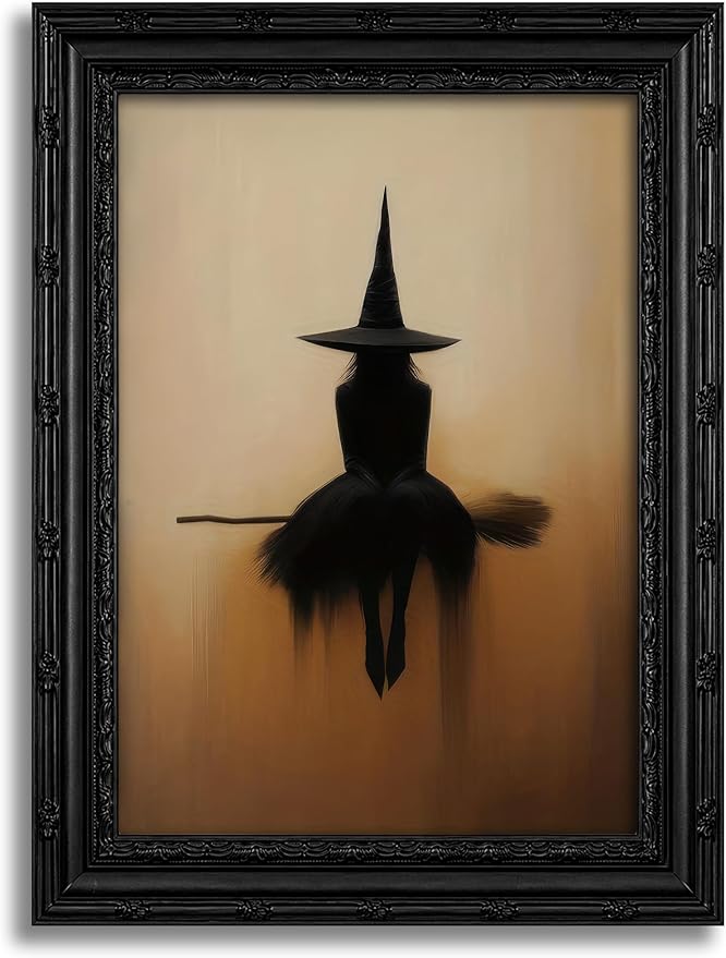 Framed Halloween Witch Silhouette Canvas Wall Art, Spooky Flying Witch Painting Picture Wall Decor, Vintage Broomstick Poster Print Artwork for Bedroom Home Decoration 9x11in