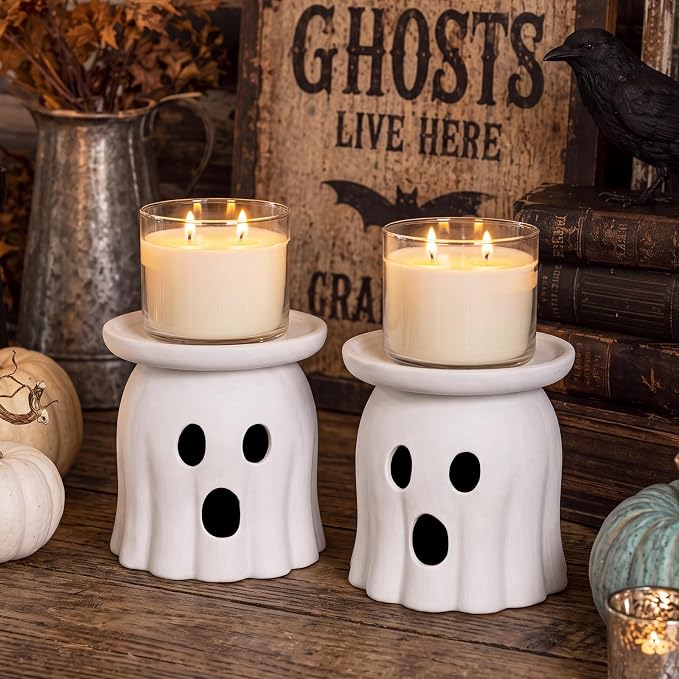 Tioncy 2 Pcs Halloween Terracotta Ghost Candle Holder Table Decor White - skull candle