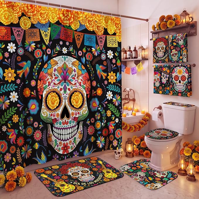 8 Pcs Day of the Dead Shower Curtain Set for Bathroom Decor, Mexican Sugar Skull & Floral Dia De Los Muertos Shower Curtain with Towels, Non Slip Bath Mat, Toilet Lid Cover and 12 Hooks - skull toilet paper
