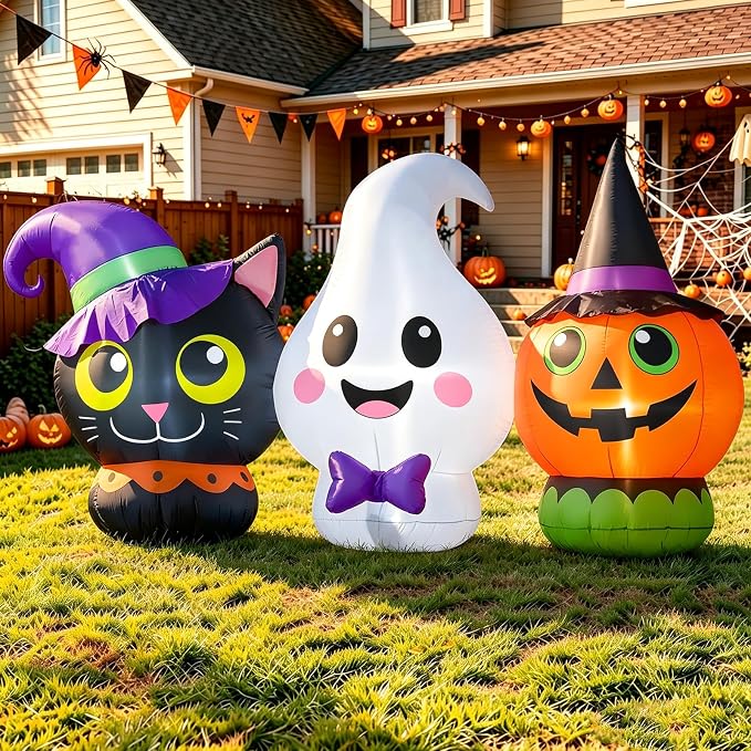 6FT Halloween Inflatables Pumpkin Ghost and Cat Outdoor Decorations with LED Lights, Halloween Blow-ups with Powerful Blower for Garden, Lawn, Yard, Home, Porch, and Holiday Party Decor - skull inflatable