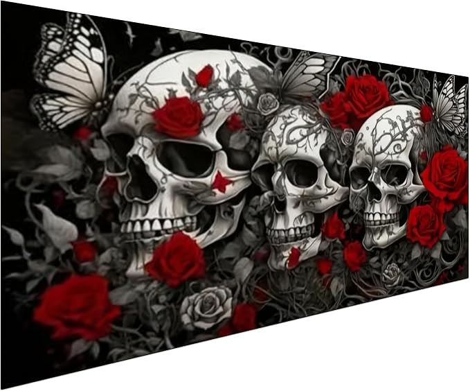 NFDPFUN Large Size Skull Diamond Painting Kit for Adults,Gothic Rose Diamond Art Kits,Full Round Diamond Art Paintings,Diamond Dots,Mosaic Gem Arts and Crafts,Halloween Wall Decor,31.5x15.7 inch - skull wall art