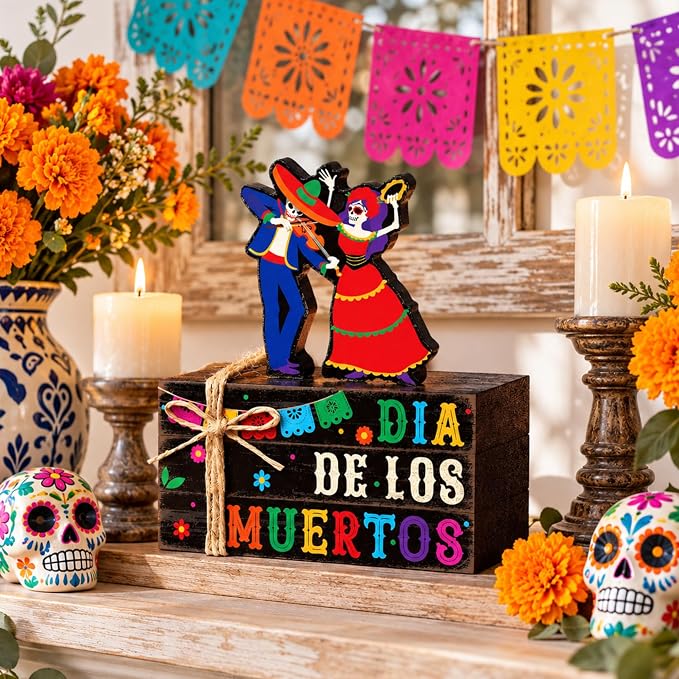 Geelin 4 Pcs Dia De Los Muertos Table Decoration Wooden Book Stack Signs - skull figurine
