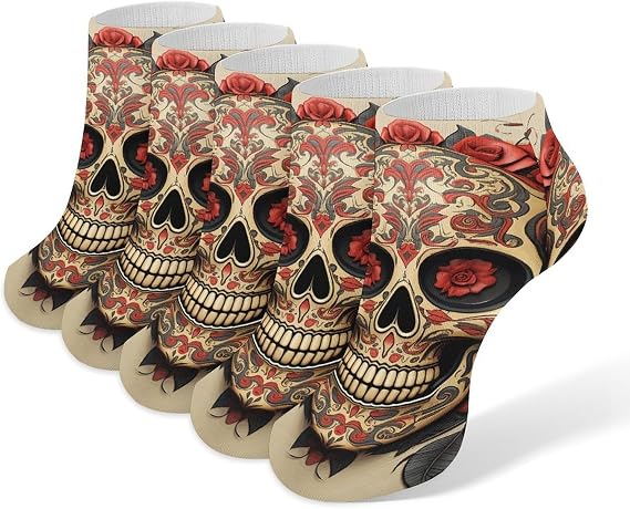 Red Rose Sugar Skull Ankle Socks for Men Women, 5 Pairs Breathable Casual Low Cut Thin Socks Thin Comfort Fit Funny Soft Sock Lightweight Fashion Sock for Everyday Wear - sugar skull costume
