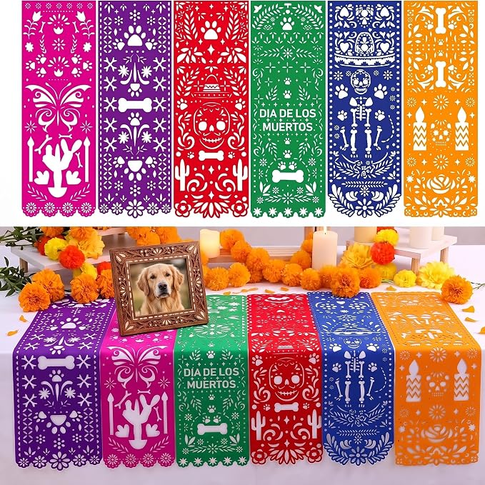 Glenmal 6 Pack Dia De Los Muertos Pet Table Runners Papel Picado 29x10 Inch - skull candle