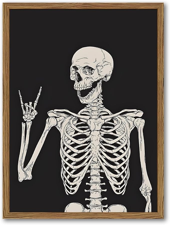 Funny Halloween Wall Art, Vintage Black Skull Skeleton Wall Decor Painting Dark Gothic Rock Canvas Prints Picture for Living Room Bedroom Bathroom 12×16 inch Wood Framed