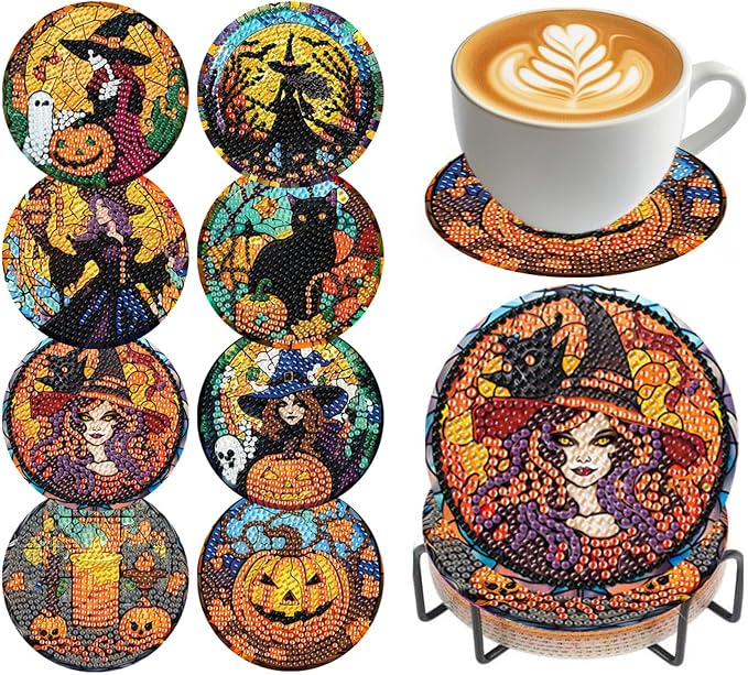 Halloween Diamond Art Coasters Kit, 8 Pieces Diamond Painting Coasters Kit - skull coaster