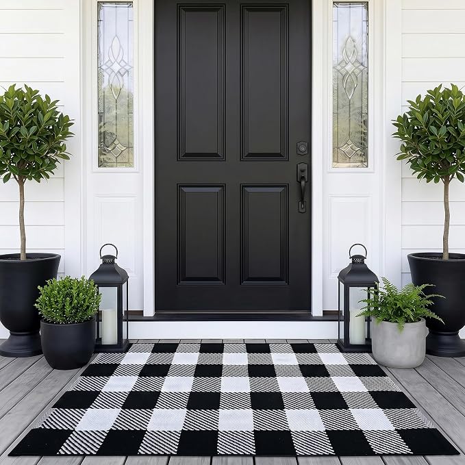 Black and White Buffalo Plaid Rug 28″x43″, Halloween Door Mat, Washable Layering Rug for Front Door Entryway Porch Indoor Outdoor