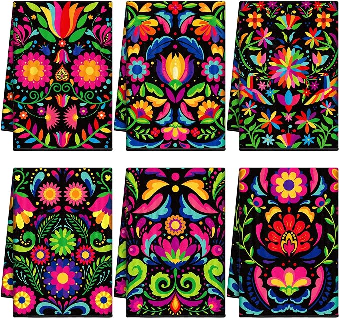6 Pack Day of the Dead Kitchen Towels, Mexican Skull Floral - skull toilet mat