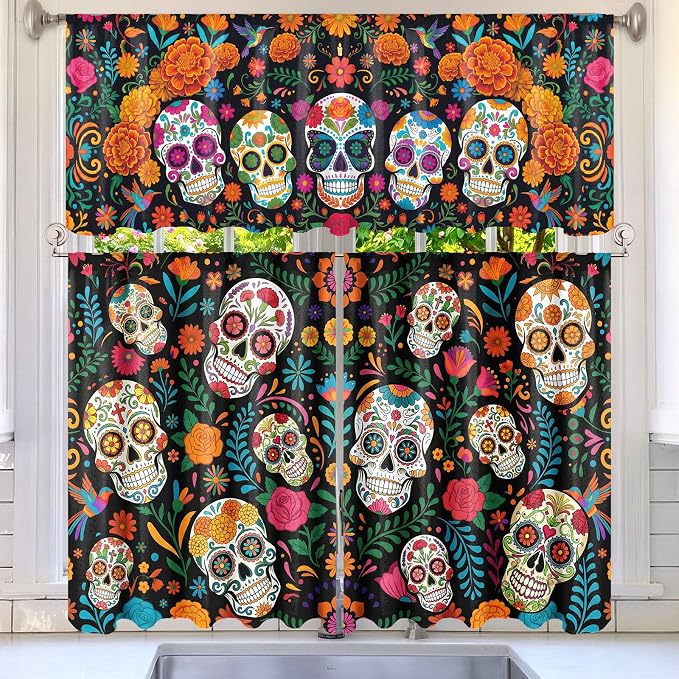 3 Pcs Dia De Los Muertos Kitchen Curtains Valances and Tiers Set Day of The Dead Altar Windows Decoration Mexican Sugar Skull Flowers Kitchen Curtains Small Short Farmhouse Cafe Party Supplies