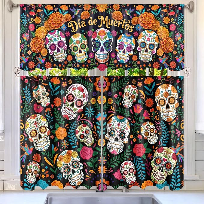 3 Pcs Dia De Los Muertos Kitchen Curtains Valances and Tiers Set Day of The Dead Altar Windows Decoration Mexican Sugar Skull Flowers Kitchen Curtains Small Short Farmhouse Cafe Party Supplies - skull carpet