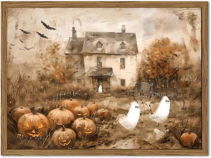 Cute Halloween Ghost Wall Art, Spooky Ghost Pumpkin Wall Decor Painting Vintage Rustic Haunted Canvas Prints Fall Landscape Picture for Living Room Bedroom Bathroom 12×16 inch Wood Framed