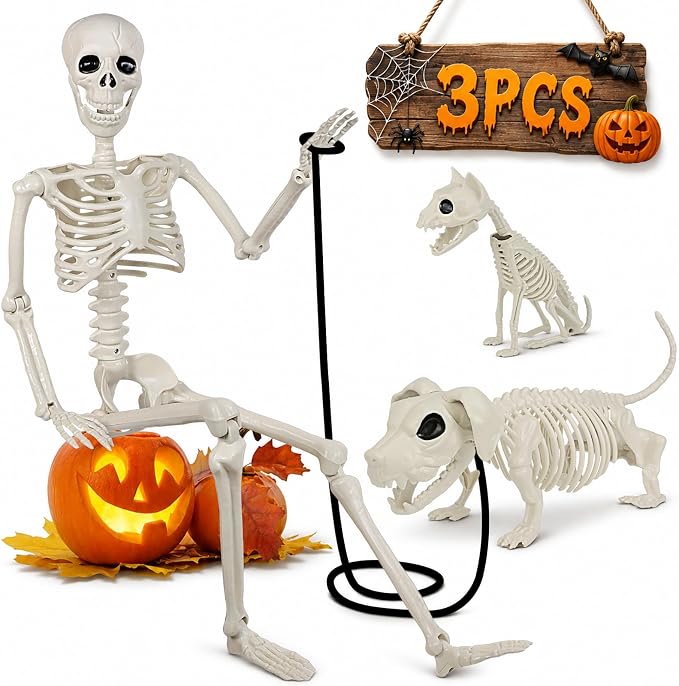 36" Halloween Skeleton Decorations - 3FT Posable Skeleton with Dog & Cat - skeleton
