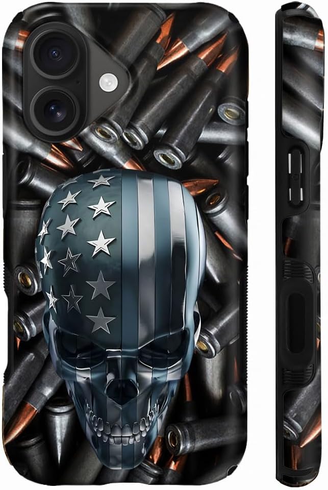 Compatible with iPhone 17 Case,Wireless Charging Compatible,Dual-Layer Protection, Soft Silicone + Hard Shell Cover Shockproof for Men Women-Bullet Skull Flag - Skull phone case