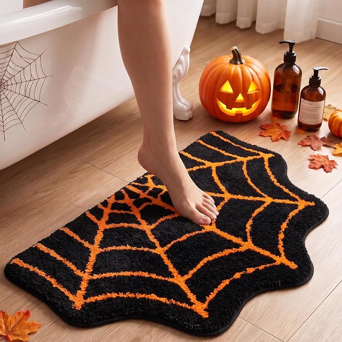 Spiderweb Halloween Orange Goth 3D Tufted Bathroom Mat, 31"x20" - skull toilet mat