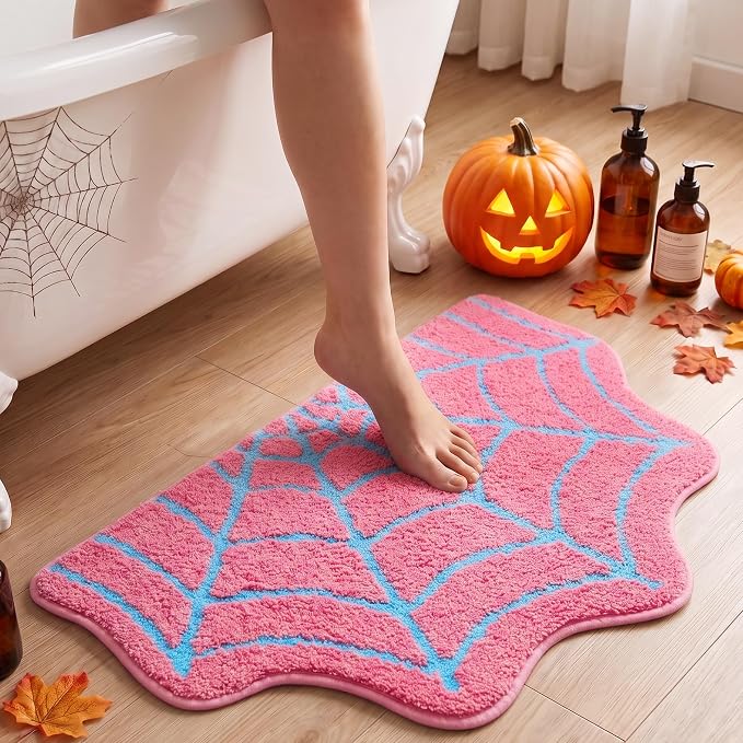 Multiverse Pink Cyan Blue Spiderweb Halloween Bathroom Mat, 31"x20" - skull carpet