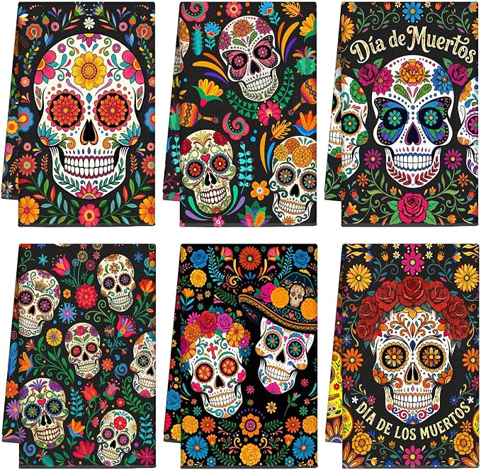 6 Pack Day of the Dead Kitchen Towels Halloween Sugar Skulls - skull toilet paper
