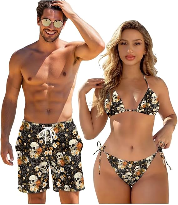 Matching Swimsuits for Couples Spaghetii Straps Halter Tie String Bikini Set or Swim Trunks Beach Hawaiian Swimwear - skull swimsuit