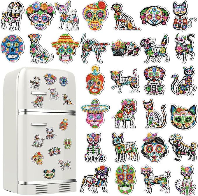 Motipuns 30 Pcs Day of the Dead Diamond Painting Magnets Kits Diamond Art Fridge Magnet Refrigerator Sticker Painting for Beginners Adults DIY Art Craft Gifts Home Decors - skull sticker