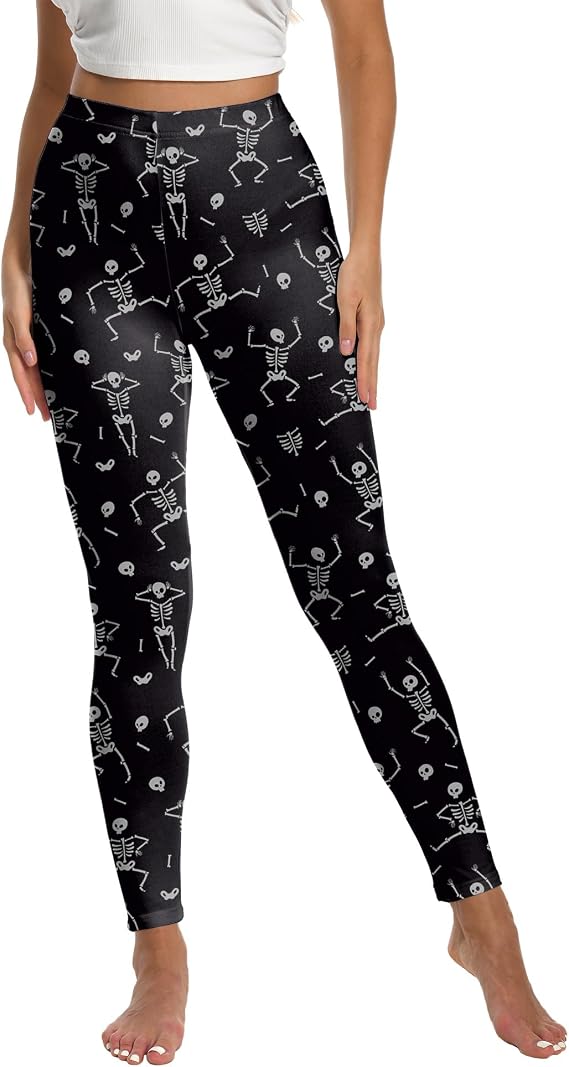 Women's Halloween Leggings Dancing Skeleton Print High Waist Yoga Pants - skull leggings