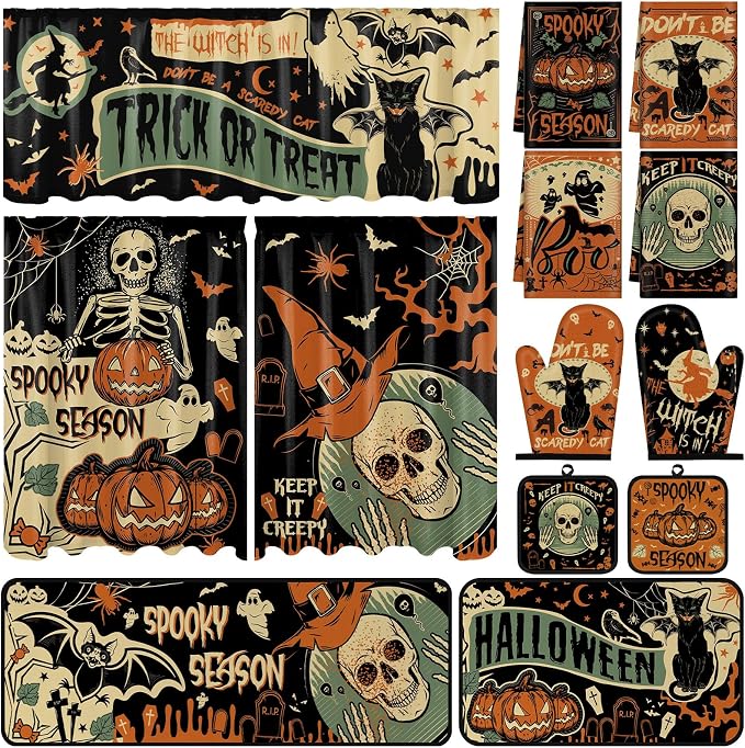 13 Pcs Vintage Gothic Halloween Kitchen Decor, Kitchen Rugs Curtains Set