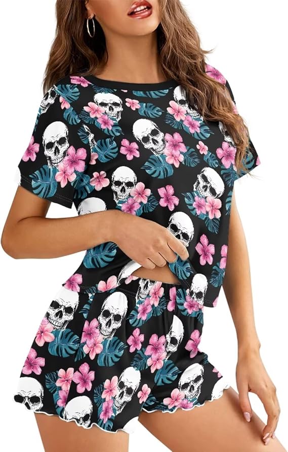 Womens Pajamas Set Cute Plus Size Loungewear for Lady With Pockets Holiday Pjs - skull pajamas