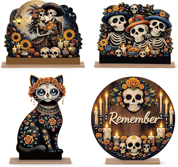 Novabright 4 Pcs Day of the Dead Table Decorations Sugar Skull Centerpiece - skull candle