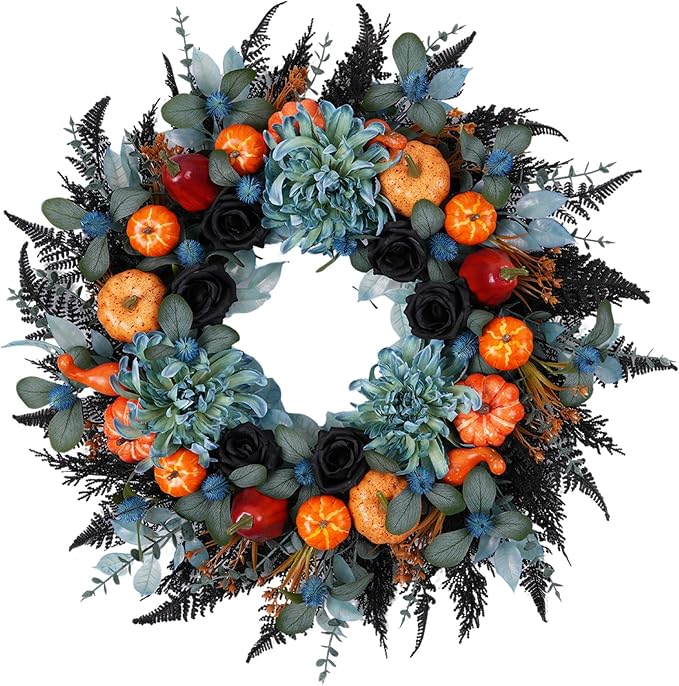 TEMPUS 24 Inch Halloween Fall Wreath for Front Door – Handmade Gothic Autumn Wreath with Black Roses, Blue Dahlias, Pumpkins & Black Ferns – Spooky Farmhouse Decor for Wall, Fireplace, Window - skull wreath