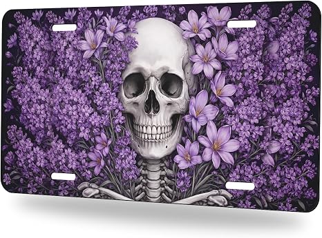 Skull License Plate Purple Floral Gothic Garden Decorative Metal Car Plate Vanity Tag Aluminum Novelty License Plate Waterproof Colorfast 12×6 Inch Car Decor Accessory with 4 Holes for Men Women - skull plate