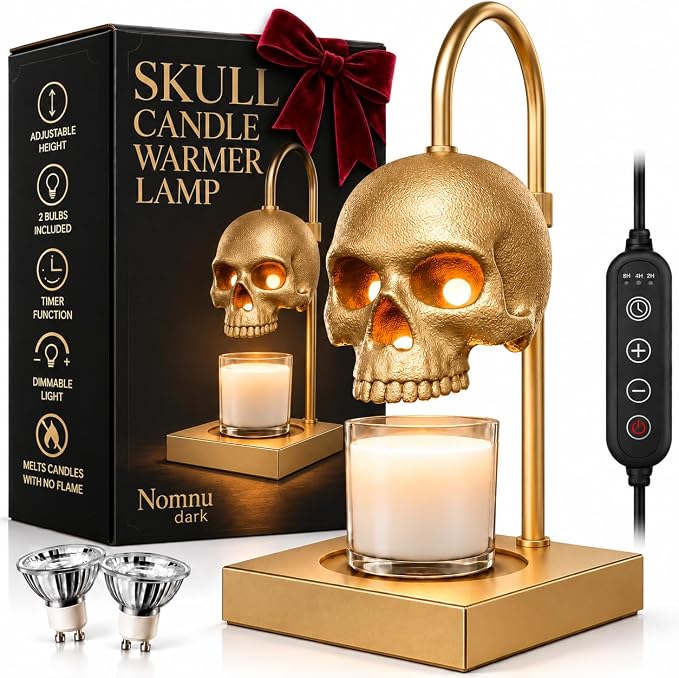 Skull Candle Warmer Lamp with Timer and Dimmer, Golden Gothic Decor - skull lamp