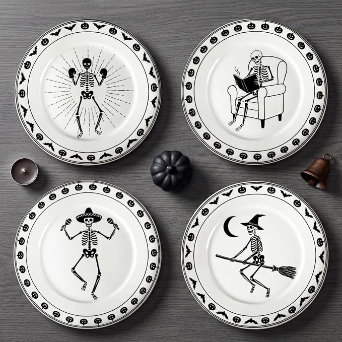 4 Pcs Halloween Ceramic Plates 9 in Skeleton Dish Dinnerware Set - skull plate