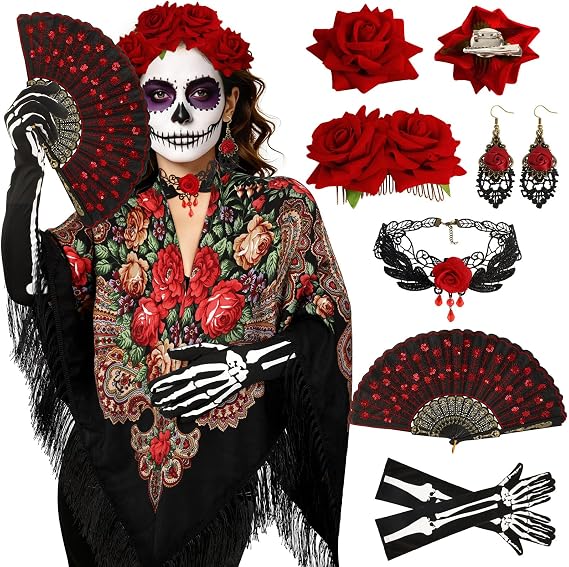 8 Pcs Dia de los Muertos Costume Set Traditional Mexican Tassel Shawl Rose - sugar skull makeup