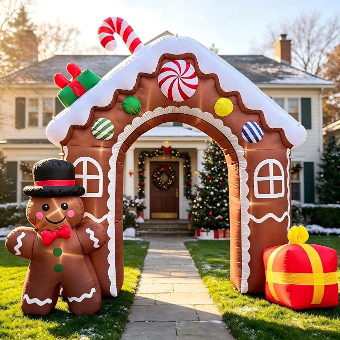 11FT Christmas Inflatable Gingerbread House Archway, Blow Up Cookie House with Candy Cane, Cute Bow Tie Gingerbread Man with Waving Hands, Large Red Gift Box with Yellow Bow for Yard Door Garden Decor - skull inflatable
