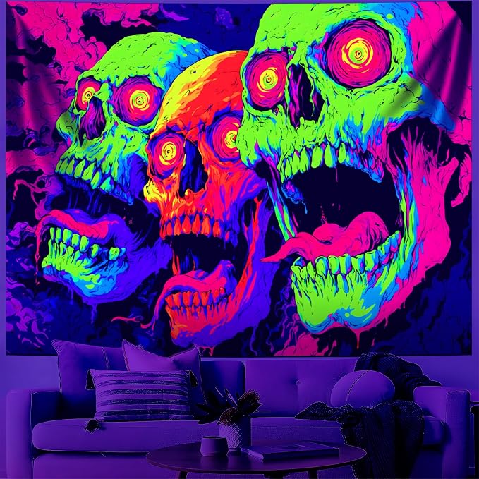 Blacklight Halloween Tapestry Horror Moon Night Scary Cemetery Pumpkin Lantern Halloween Tapestry Wall Hanging Skull Horror Poster Banners for Bedroom Livingroom (Three zombies, 90L" x 70W", Unframed) - skull wall art