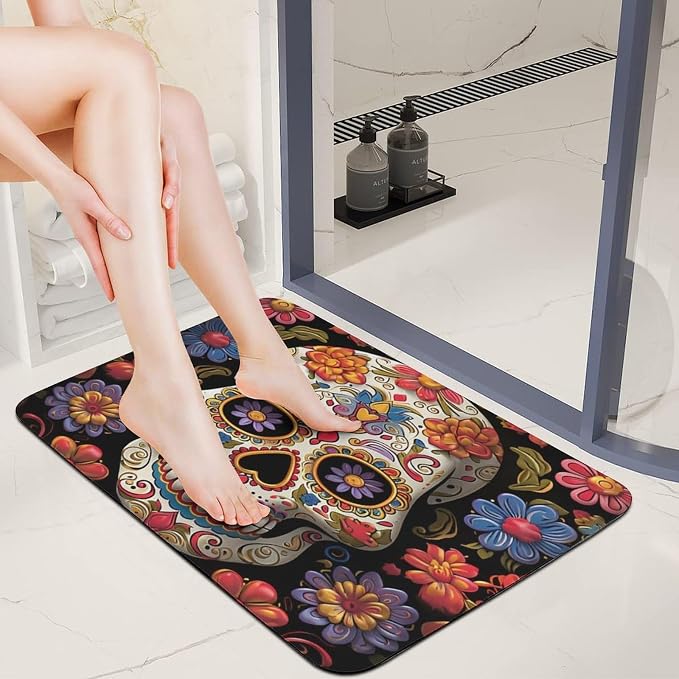 Diatomaceous Earth Bath Mat 16x24 Absorbent Quick Dry Sugar Skulls Bathroom Rug Non-Slip Thin Low Profile 0.15" Entryway Doormat Traps Dirt & Moisture Washable Floor Mat for Shower Bathtub Sink - skull toilet rug