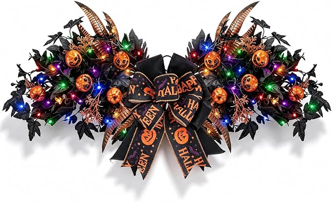 Halloween Front Door Swag Weath with LED Artificial Gothic Black Maple Glitter Evil Pumpkin Teardrop Swag with Feather Halloween Twigs Swag for Farmhouse Mantel Wall Indoor Outdoor Home Party Decor - skull wreath
