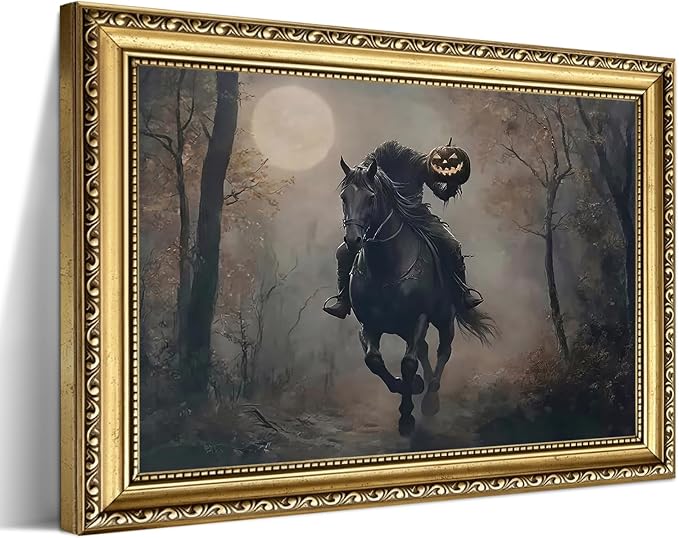 Vintage Gold Framed Halloween Wall Art, Headless Horseman Pumpkin Decor - skull wall art